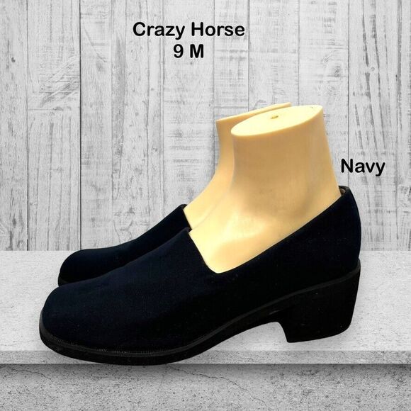Crazy‎ Horse Navy Blue Breathable Fabric Chunky Block Heel Womens Size 9 M - Picture 1 of 12